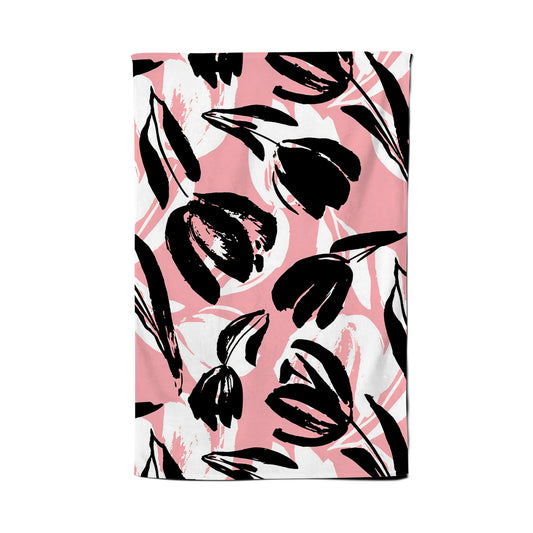 Nature Flat Spring Flower Motif In Pink And Black Color Tea Towel
