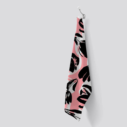 Nature Flat Spring Flower Motif In Pink And Black Color Tea Towel