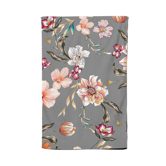 Peony, Lily, Tulip, Daisy Colorful On Grey Background Tea Towel