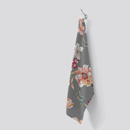 Peony, Lily, Tulip, Daisy Colorful On Grey Background Tea Towel