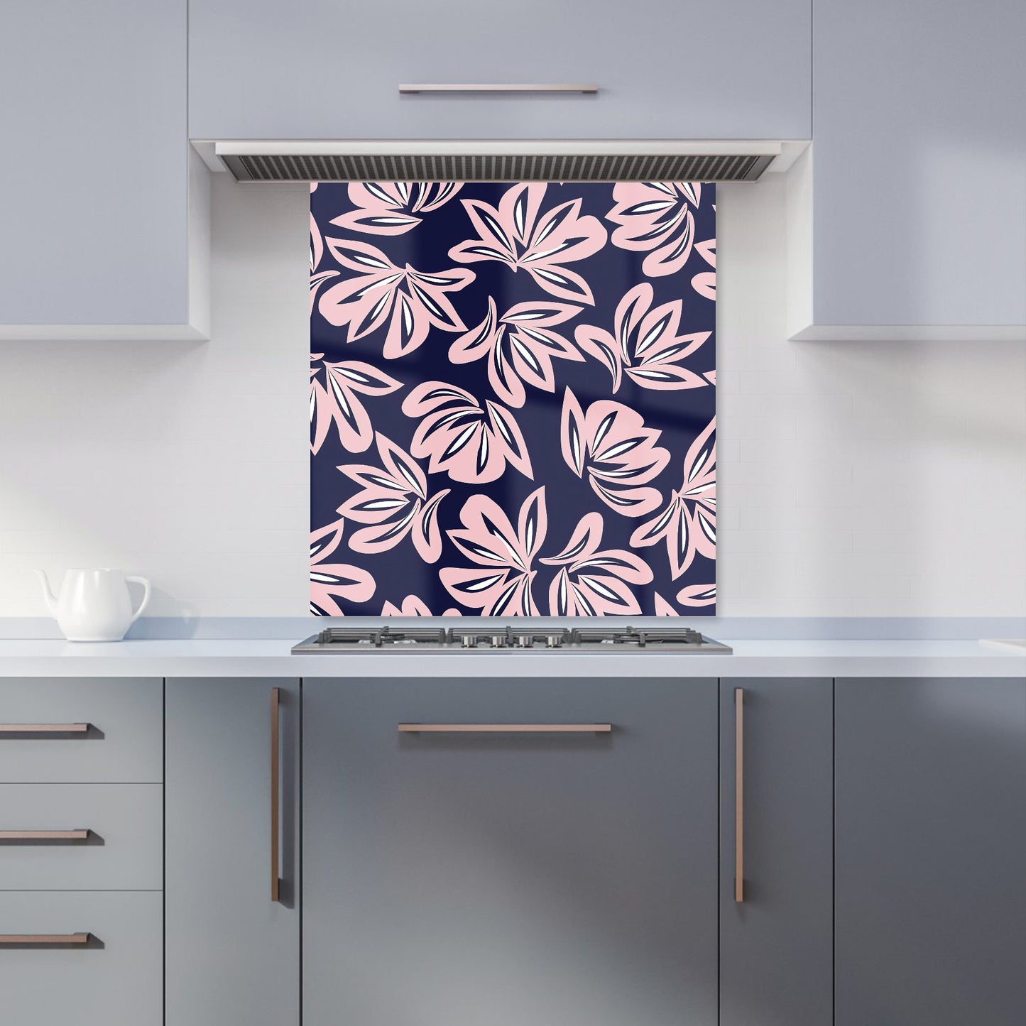 Pink Navy Floral Botanical Pattern Kitchen Splashback