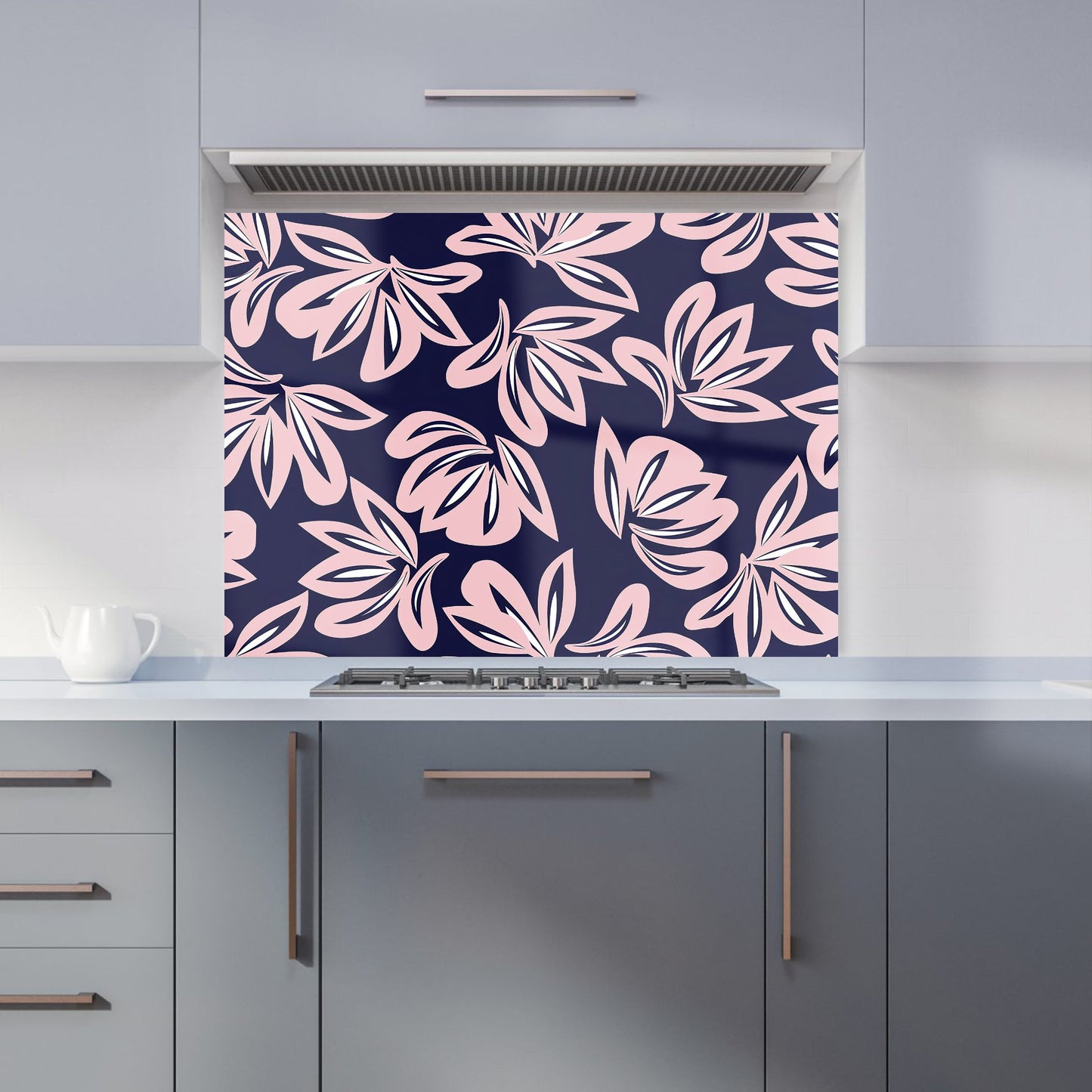 Pink Navy Floral Botanical Pattern Kitchen Splashback