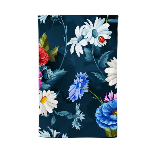 Poppy Flowers With Chamomile, Leaves, Cornflowers On Dark Blue Tea Towel