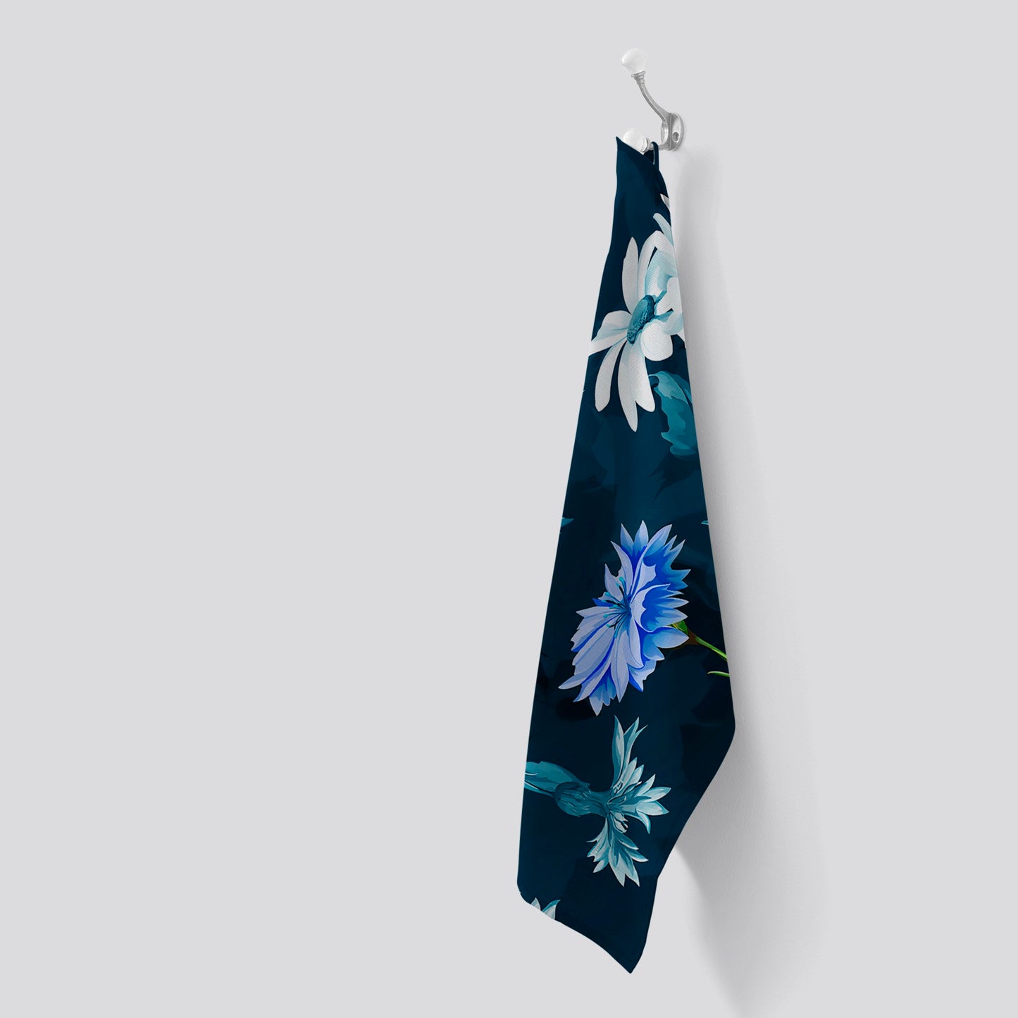 Poppy Flowers With Chamomile, Leaves, Cornflowers On Dark Blue Tea Towel