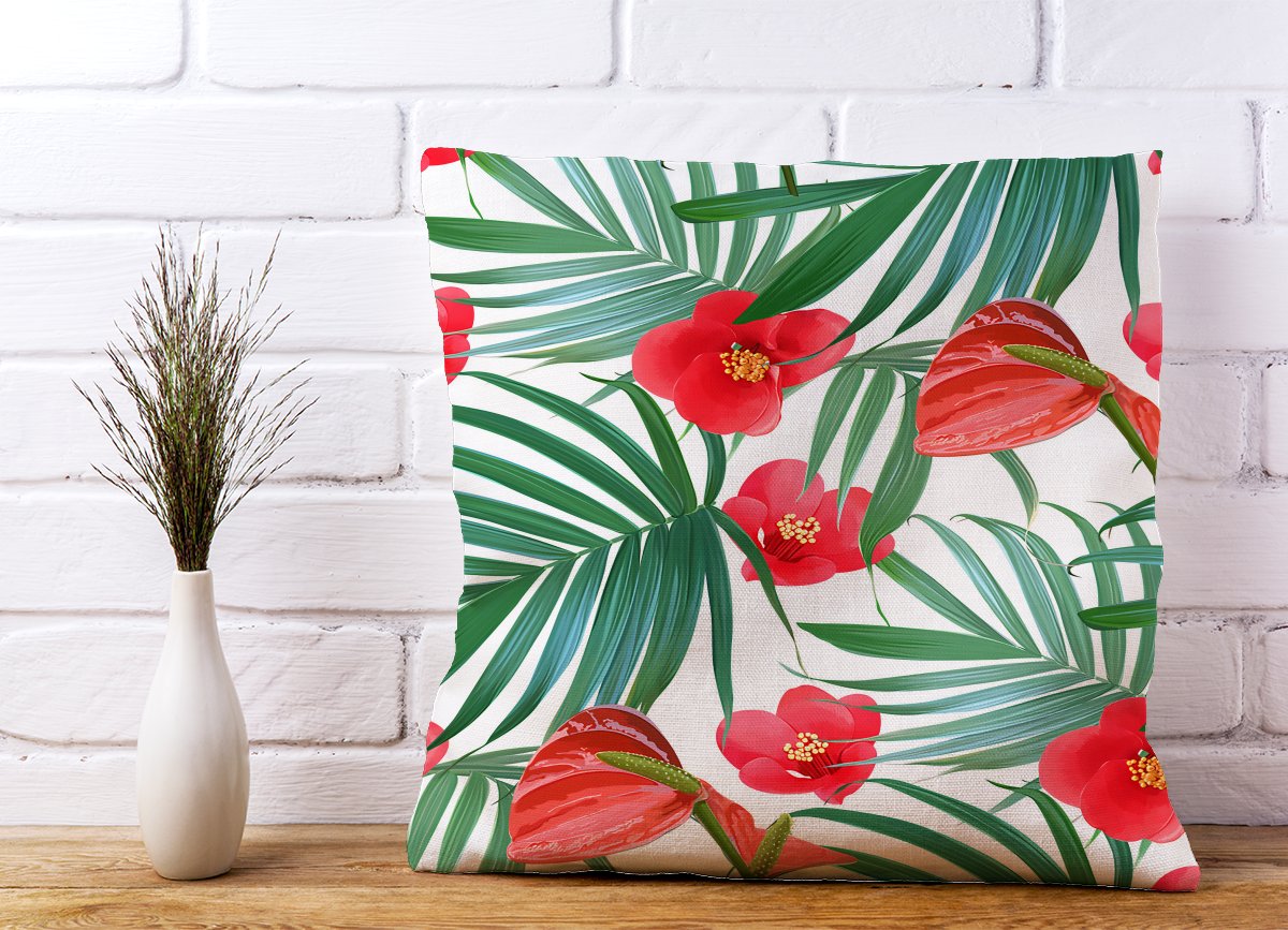 Tropical Flowers And Palm Leaves Hawaiian Cushions