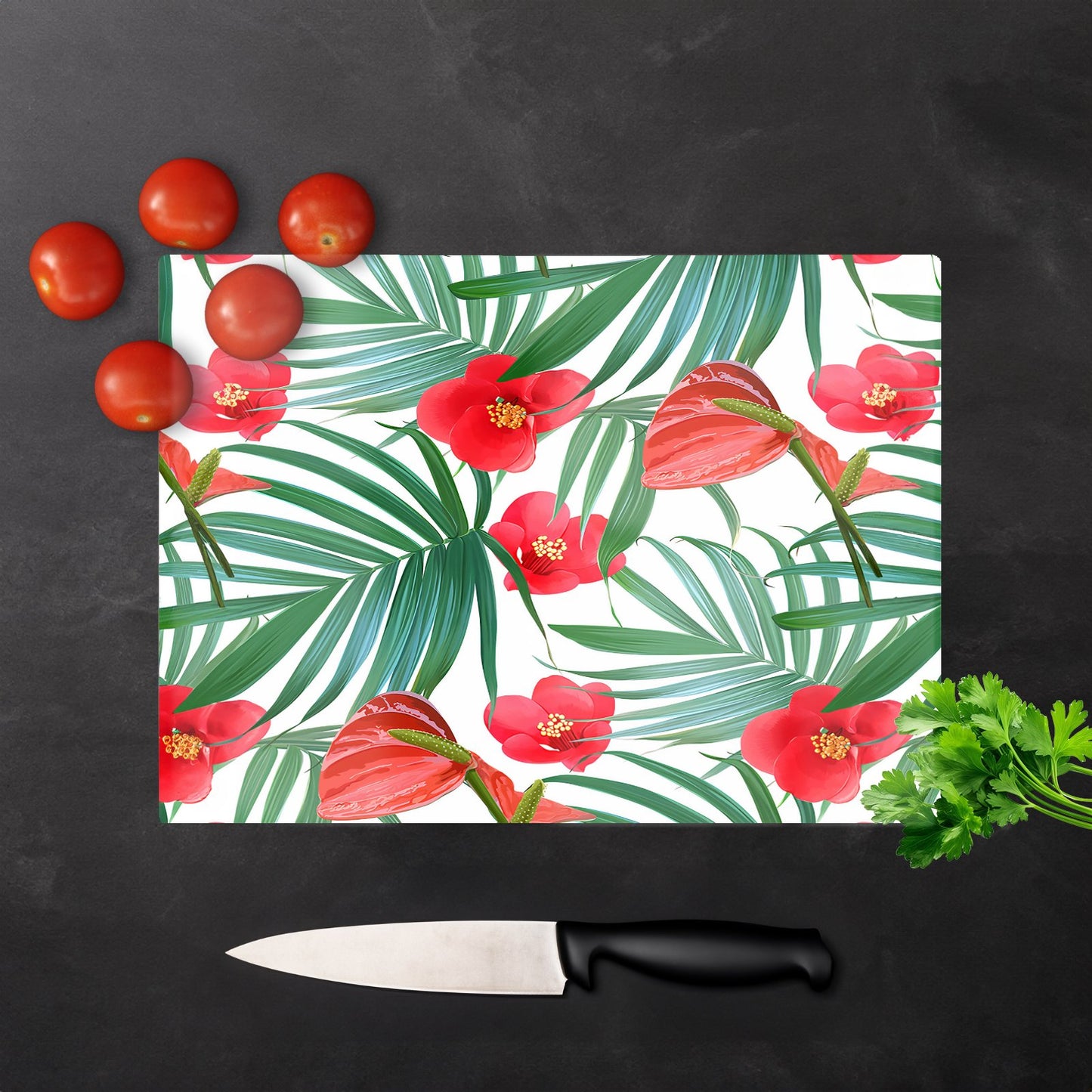 Tropical Flowers Palm Leaves Hawaiian Glass Chopping Board