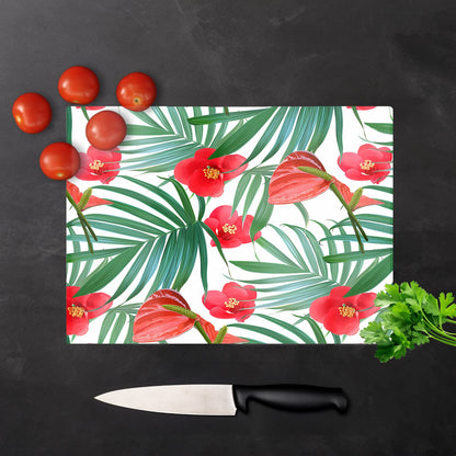 Tropical Flowers Palm Leaves Hawaiian Glass Chopping Board