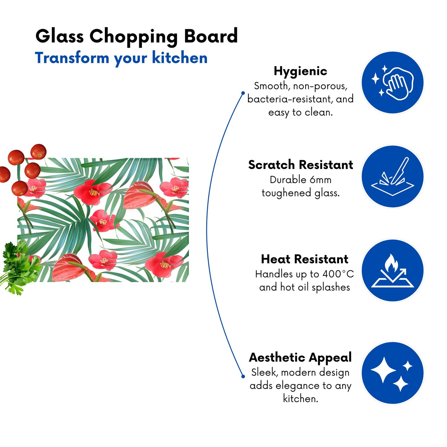Tropical Flowers Palm Leaves Hawaiian Glass Chopping Board