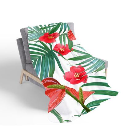 Tropical Flowers, Palm Leaves Hawaiian Sherpa Blanket