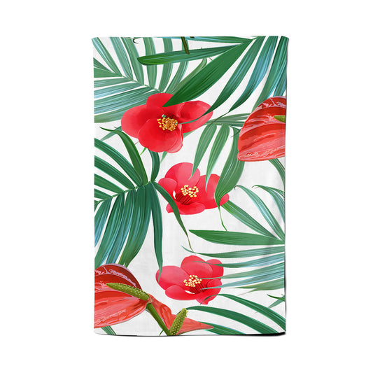 Tropical Flowers And Palm Leaves Hawaiian Tea Towel