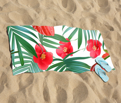 Tropical Flowers, Palm Leaves Hawaiian Beach Towel