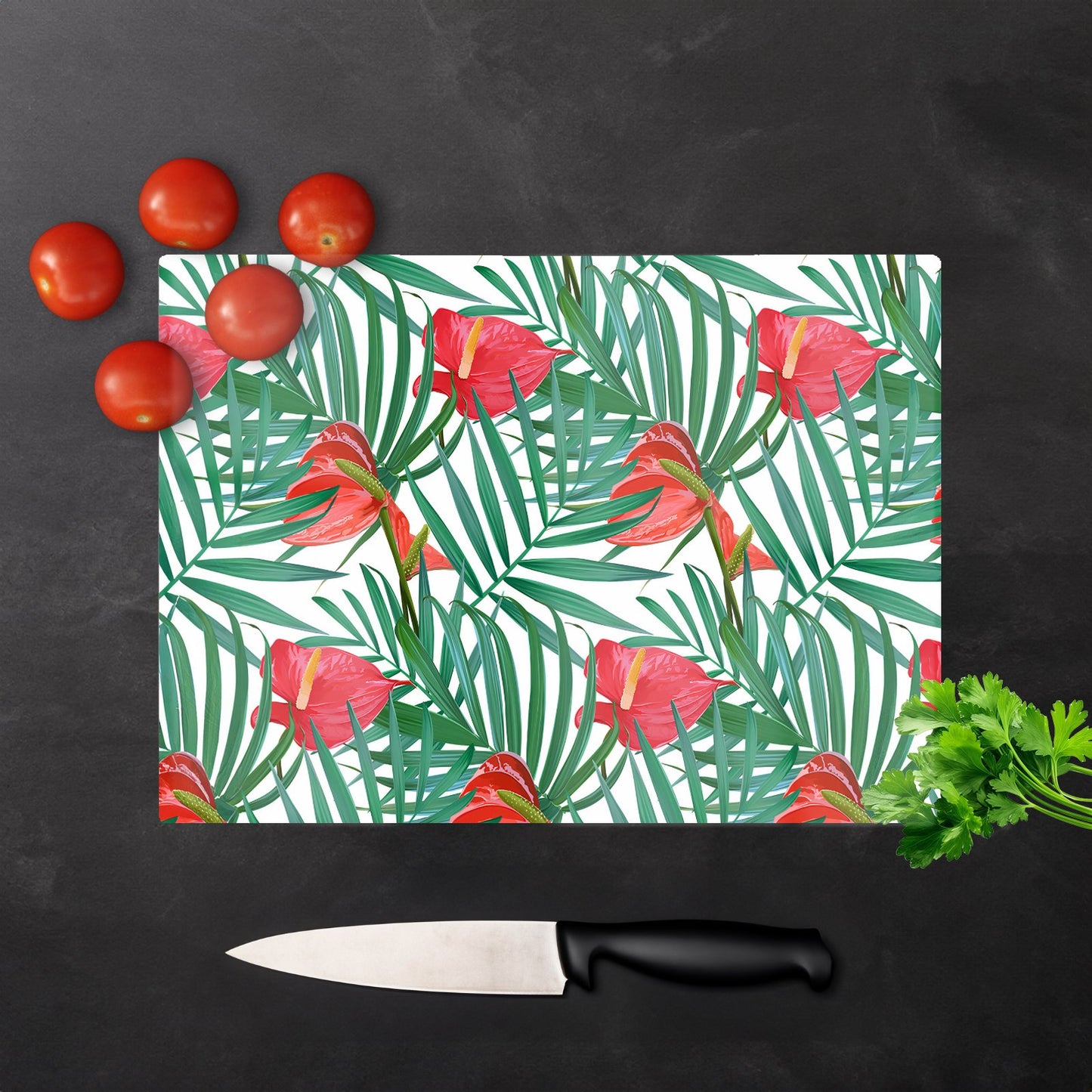 Tropical Flowers And Palm Leaves Glass Chopping Board