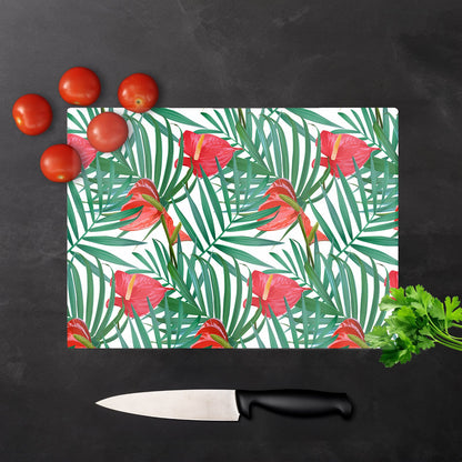 Tropical Flowers And Palm Leaves Glass Chopping Board