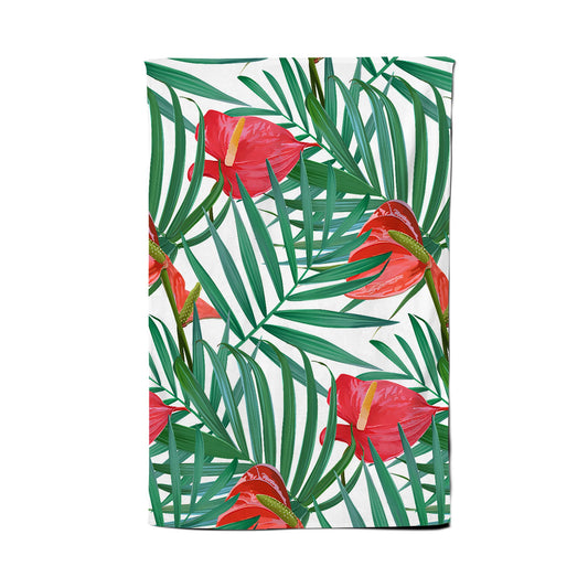 Tropical Flowers And Palm Leaves Tea Towel
