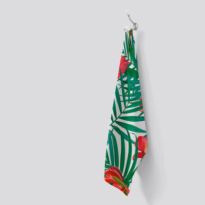 Tropical Flowers And Palm Leaves Tea Towel