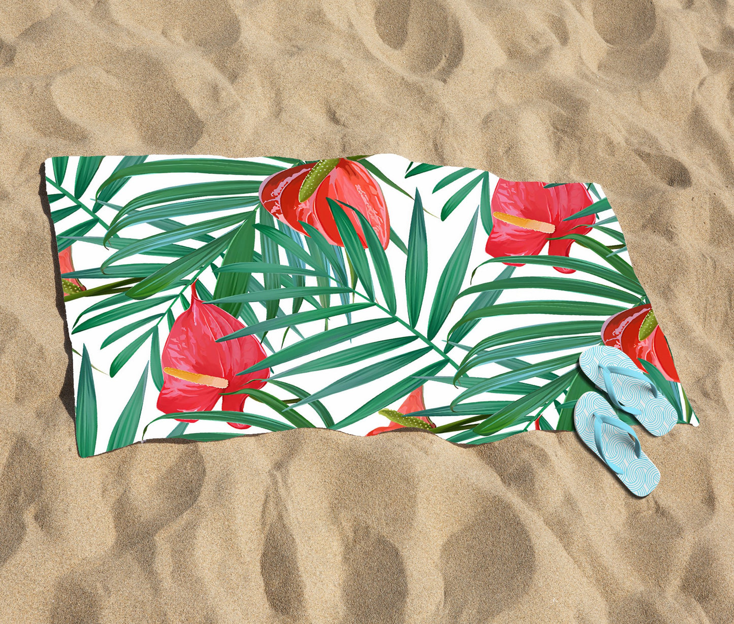 Tropical Flowers And Palm Leaves Beach Towel