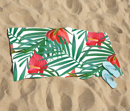 Tropical Flowers And Palm Leaves Beach Towel