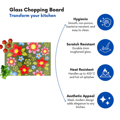 Red And Blue Flowers Glass Chopping Board