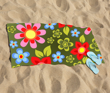 Red And Blue Flowers Beach Towel