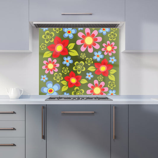 Red And Blue Flowers Kitchen Splashback