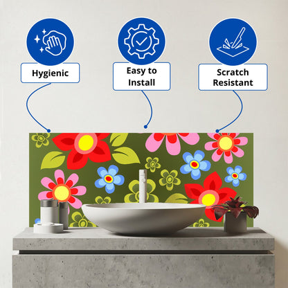Red And Blue Flowers Glass Bathroom Splashback
