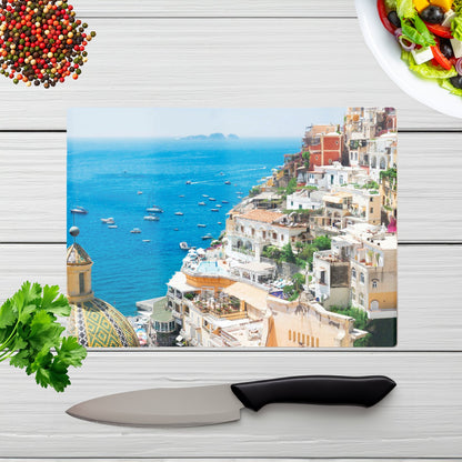 Positano With Flowers Italy Glass Chopping Board