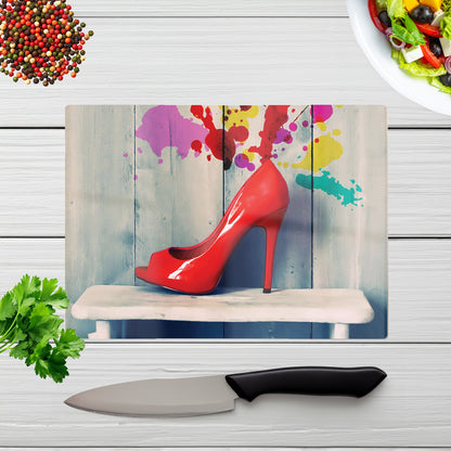 Retro Red Shoes Glass Chopping Board