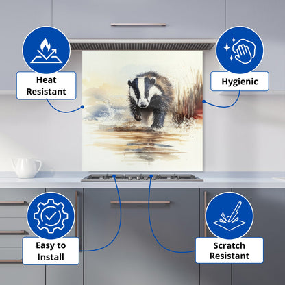 Wading Badger Watercolour Kitchen Splashback