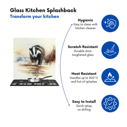 Wading Badger Watercolour Kitchen Splashback