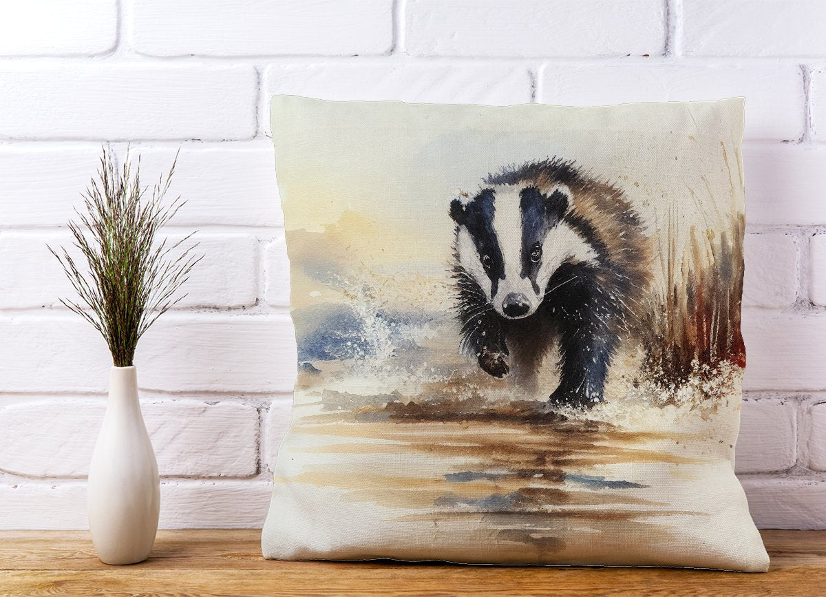 Wading Badger Watercolour Cushions