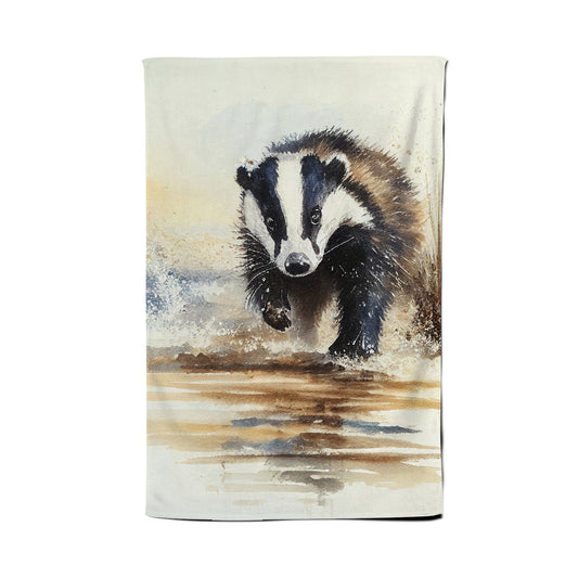 Wading Badger Watercolour Tea Towel