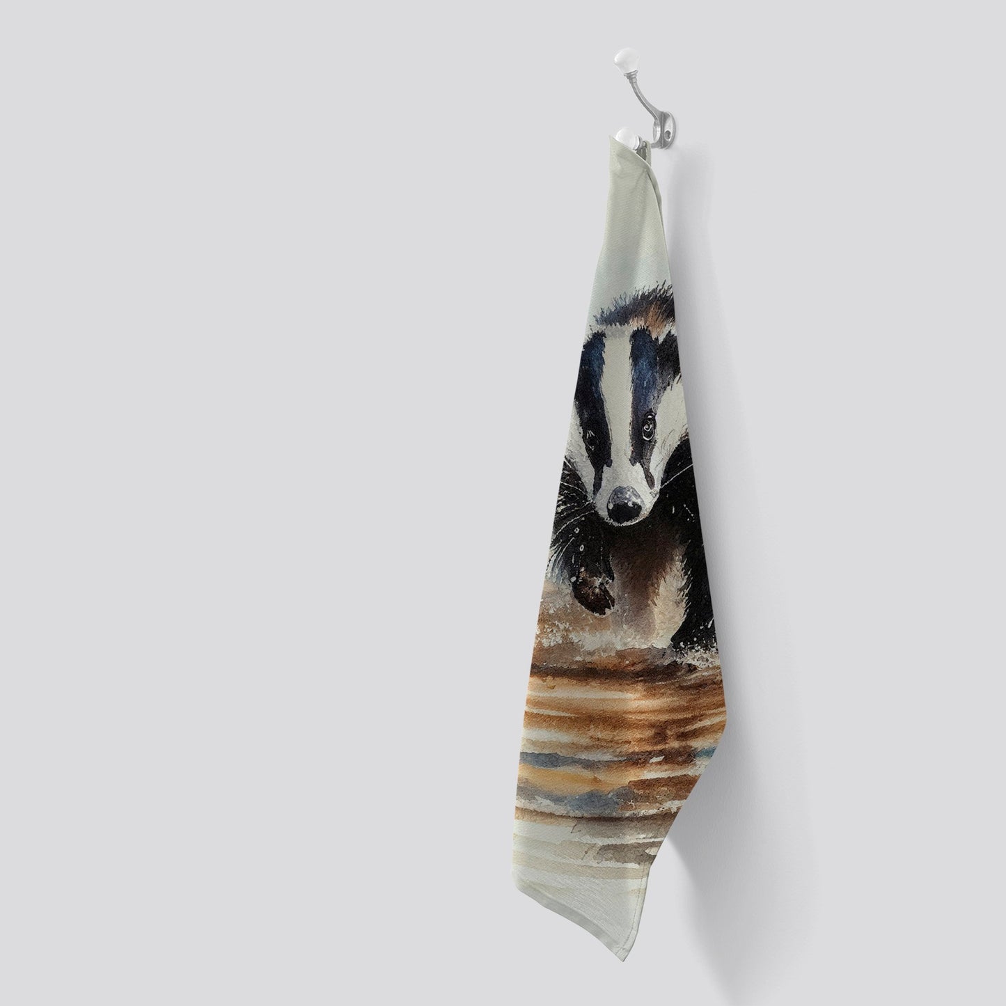 Wading Badger Watercolour Tea Towel