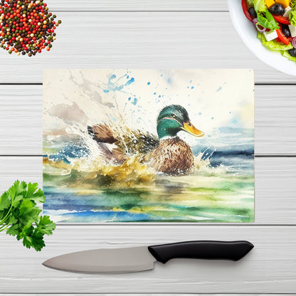 Splashing Mallard Watercolour Glass Chopping Board
