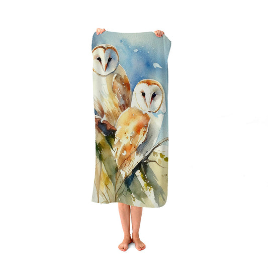 Barn Owls Watercolour Beach Towel