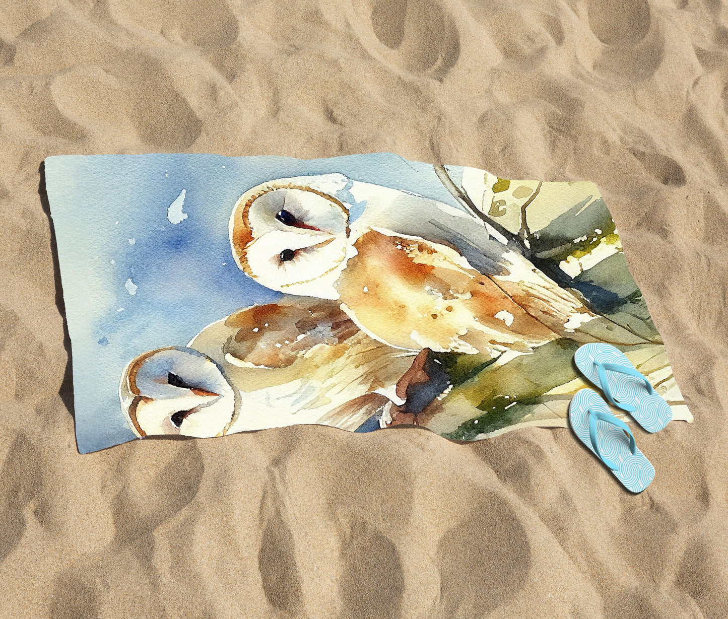 Barn Owls Watercolour Beach Towel