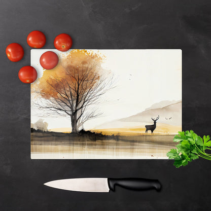 Autumn Landscape Stag Watercolour Glass Chopping Board