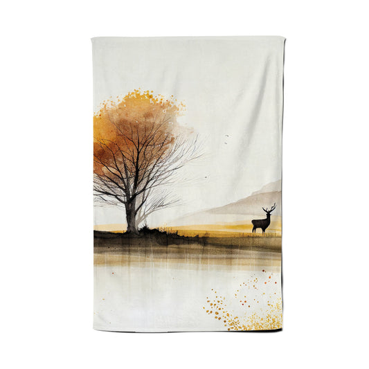 Autumn Landscape Stag Watercolour Tea Towel