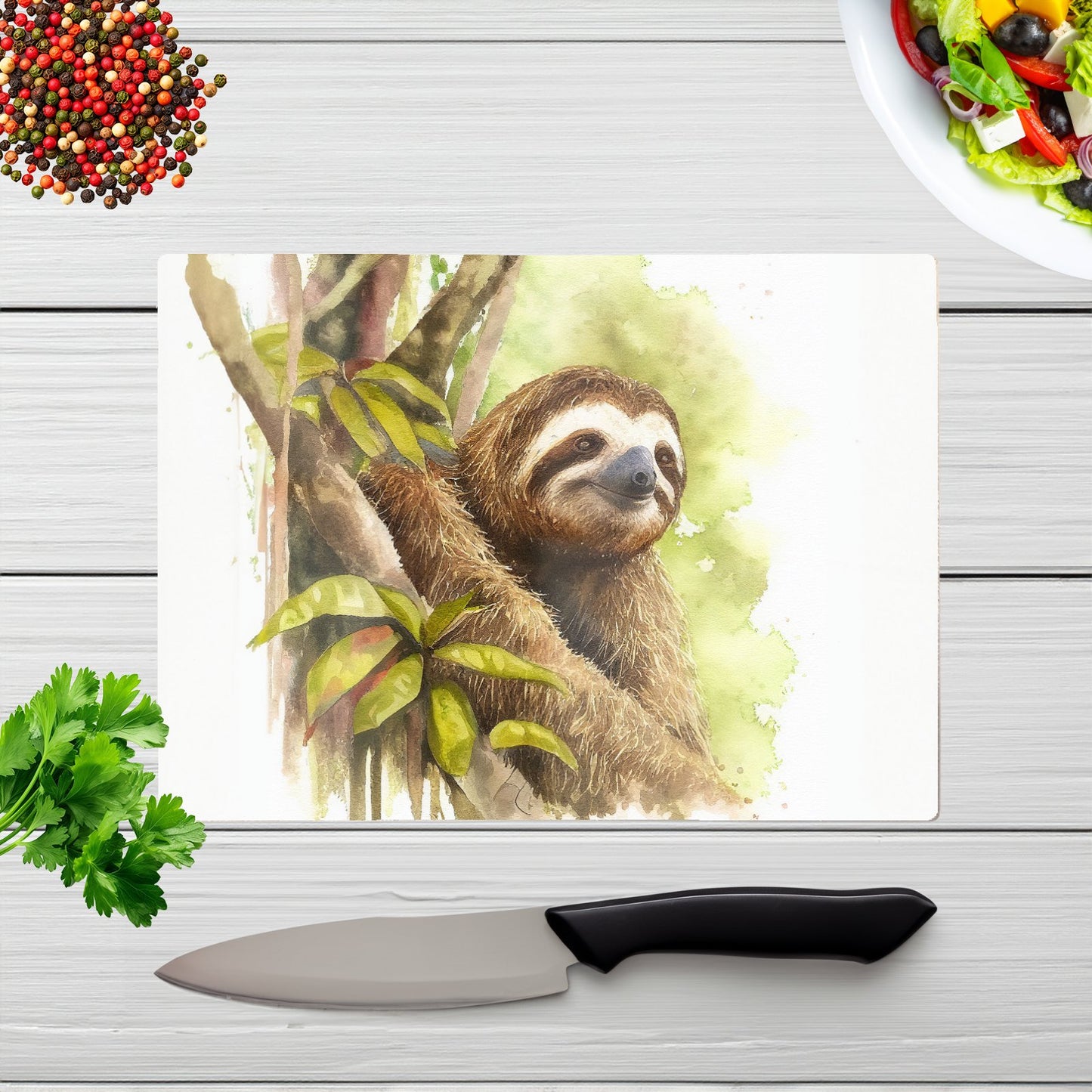 Sloth Watercolour Glass Chopping Board