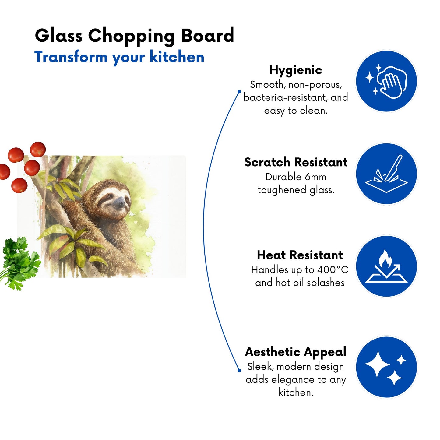 Sloth Watercolour Glass Chopping Board