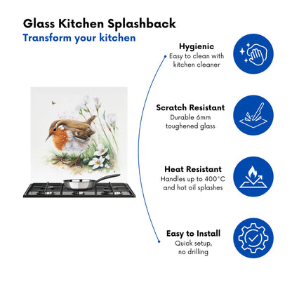 Robin And Daisies Watercolour Kitchen Splashback
