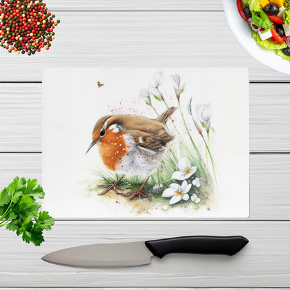 Robin And Daisies Watercolour Glass Chopping Board