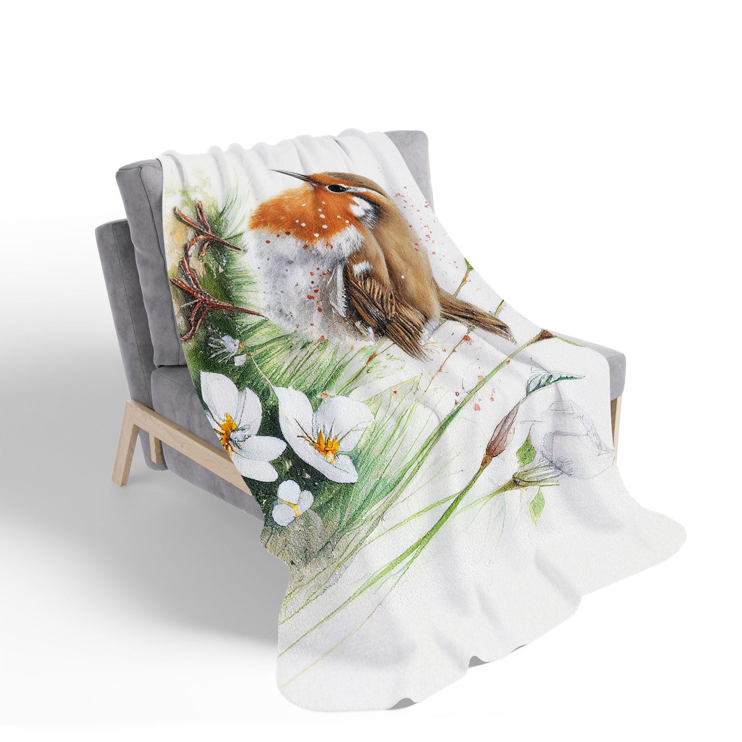 Robin And Daisies Watercolour Sherpa Blanket