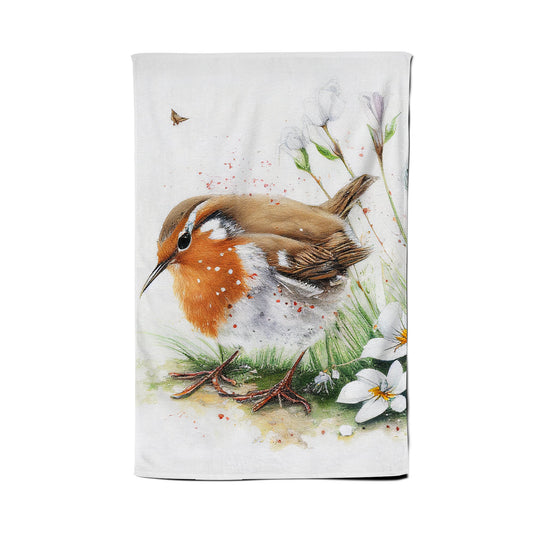 Robin And Daisies Watercolour Tea Towel