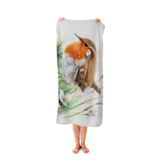 Robin And Daisies Watercolour Beach Towel