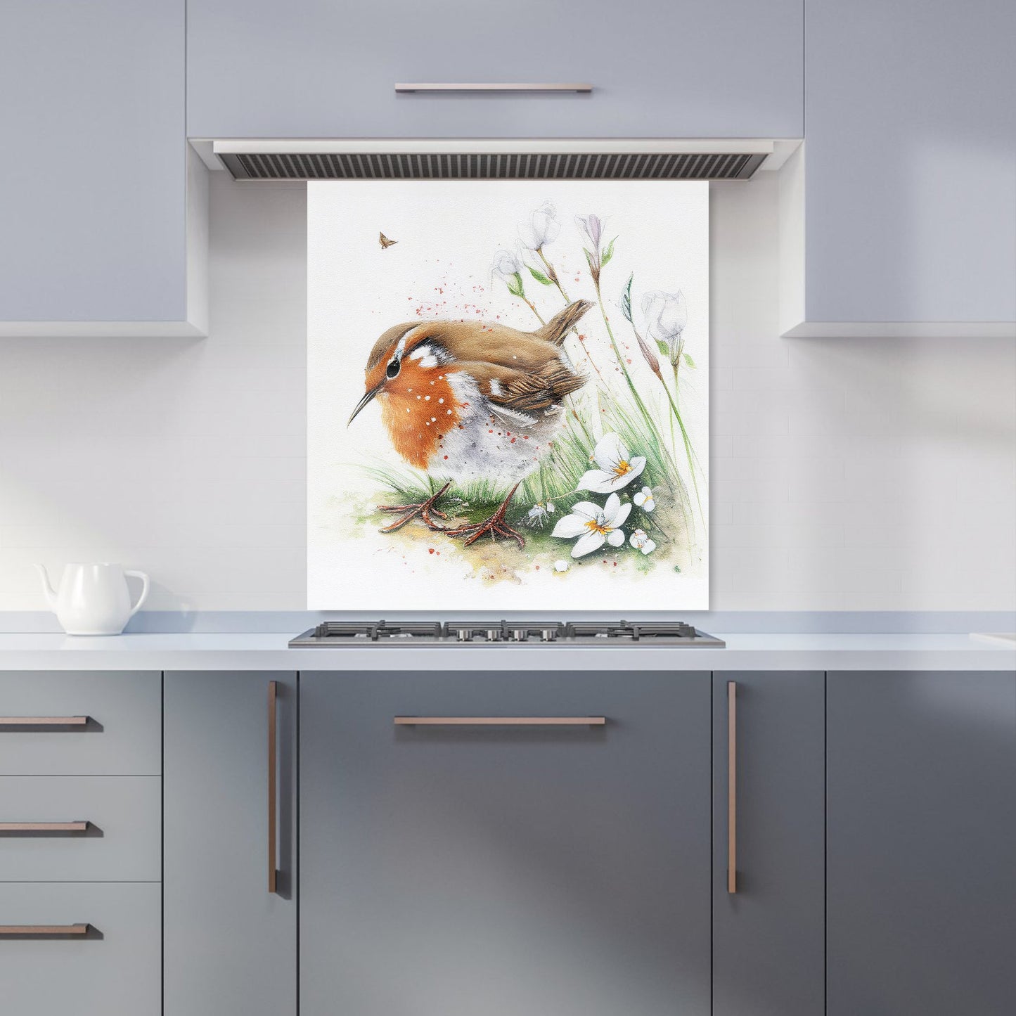 Robin And Daisies Watercolour Kitchen Splashback