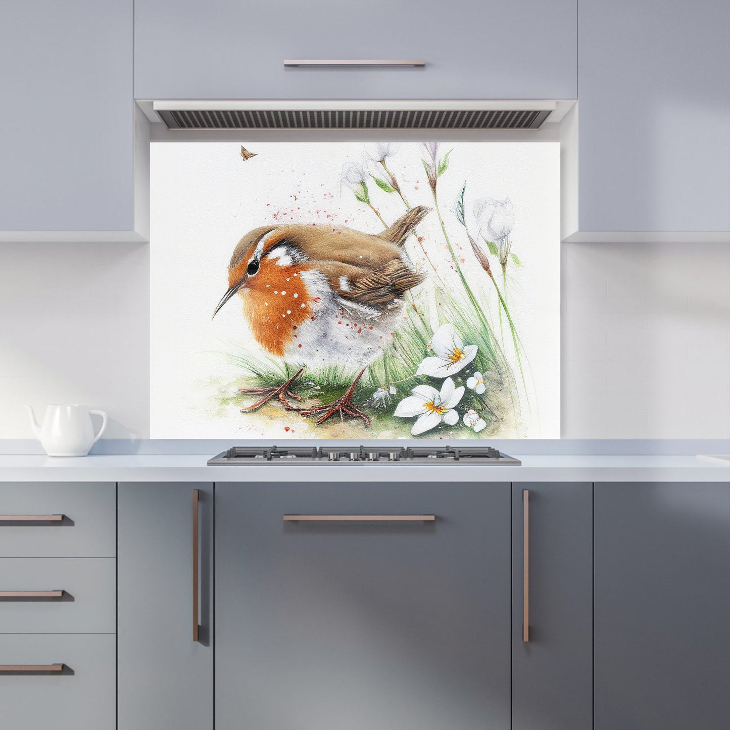 Robin And Daisies Watercolour Kitchen Splashback