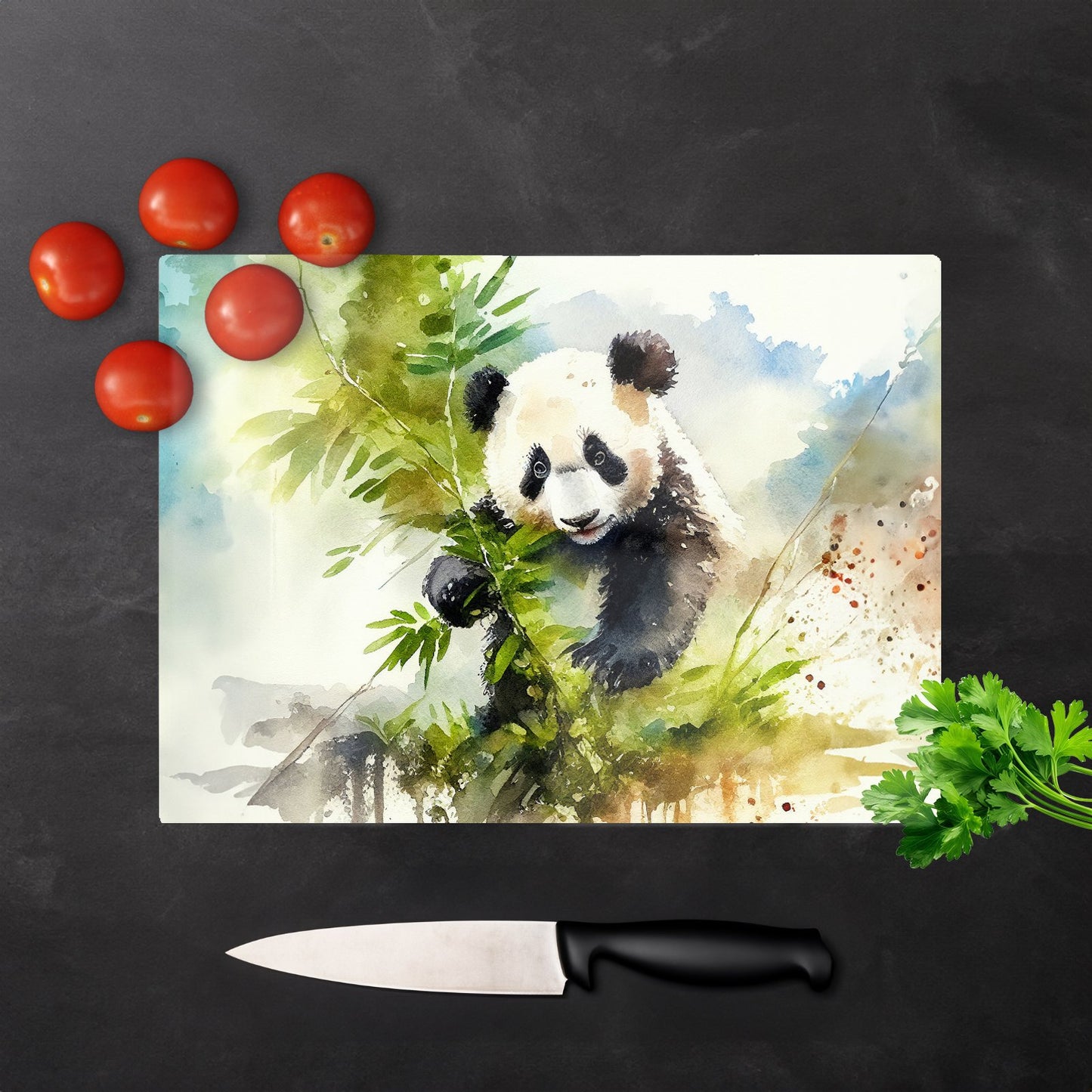 Panda Eating Bamboo Watercolour Glass Chopping Board
