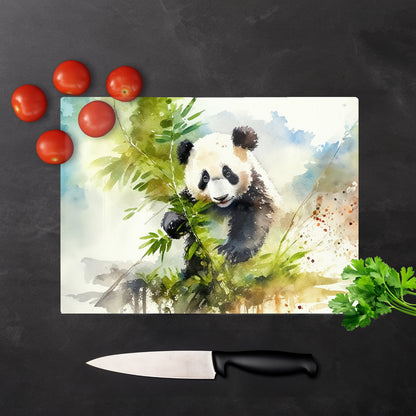 Panda Eating Bamboo Watercolour Glass Chopping Board