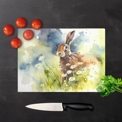 Hare And Daisies Watercolour Glass Chopping Board