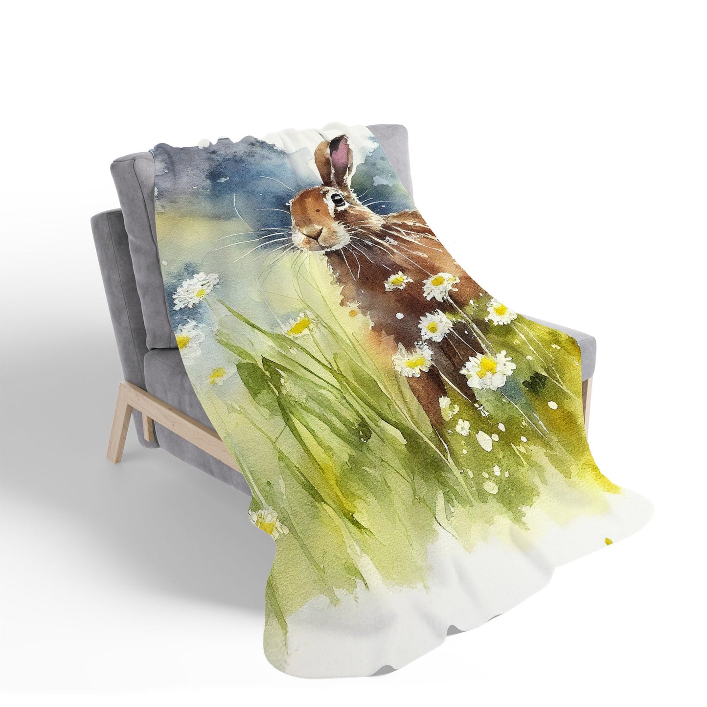 Hare And Daisies Watercolour Sherpa Blanket